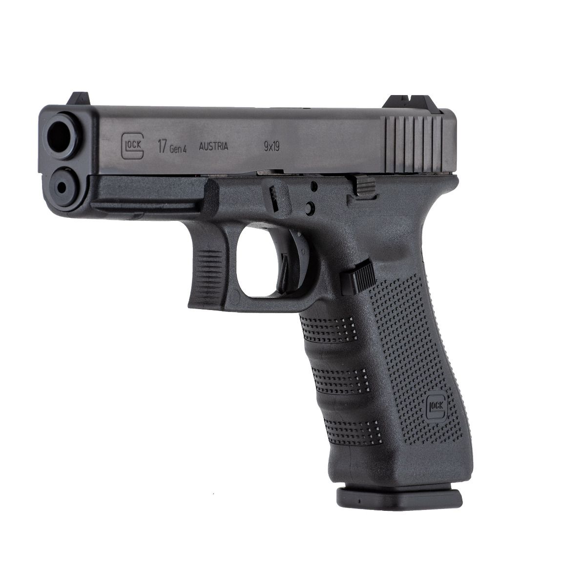 Glock 17 Gen 4 9 mm Improvements •Reversible Magazine Catch •Textured  backstrap options. •Improved guide rod and spring. •Magazine improvements  Specifications: •Caliber: 9mm •Action: Safe (D.A.O.) •Length (Slide): 6.85  •Length between Sights: 5.98 •B